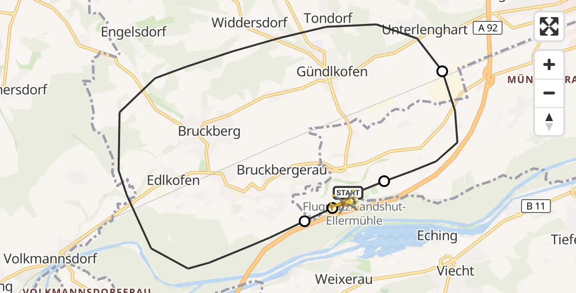 Flugroute Rettungshubschrauber Landshut Flugplatz - Landshut Flugplatz, 30 Oktober 2026, 13:02