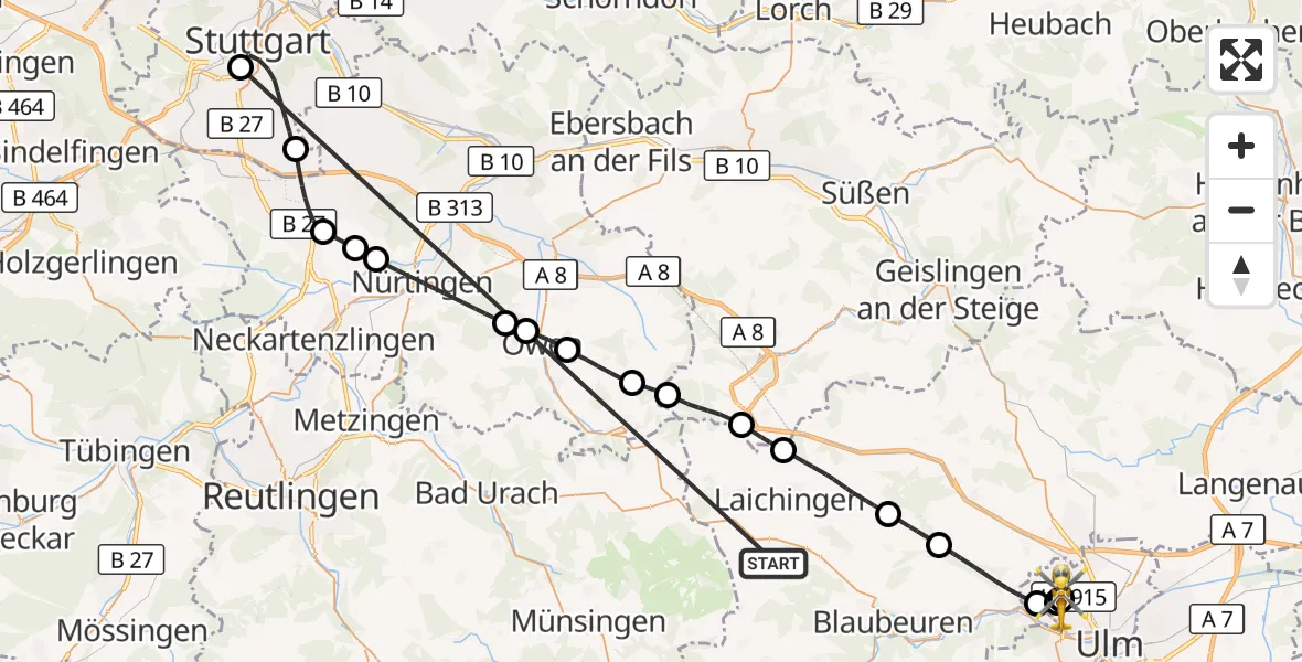 Flugroute Rettungshubschrauber Heroldstatt - ADAC Air Rescue Station Ulm (Christoph 22), 30 Oktober 2026, 13:06