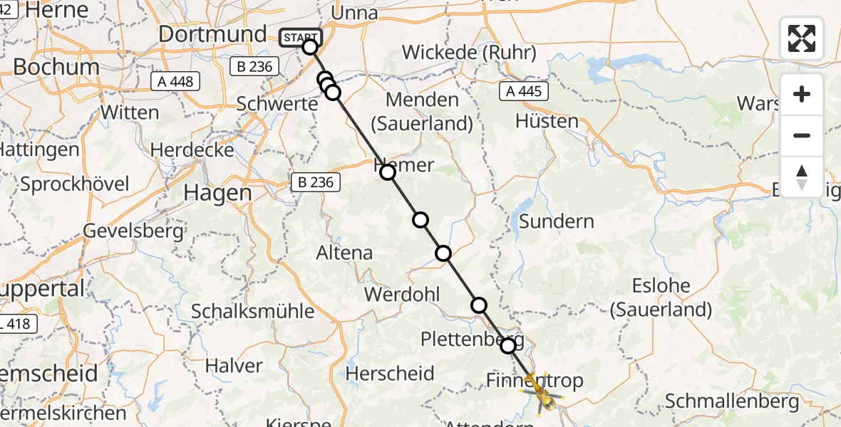 Flugroute Rettungshubschrauber Dortmund Flughafen - Finnentrop, 30 Oktober 2026, 13:07