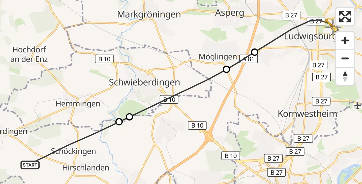Flugroute Rettungshubschrauber Ditzingen - Ludwigsburg, 30 Oktober 2026, 13:16
