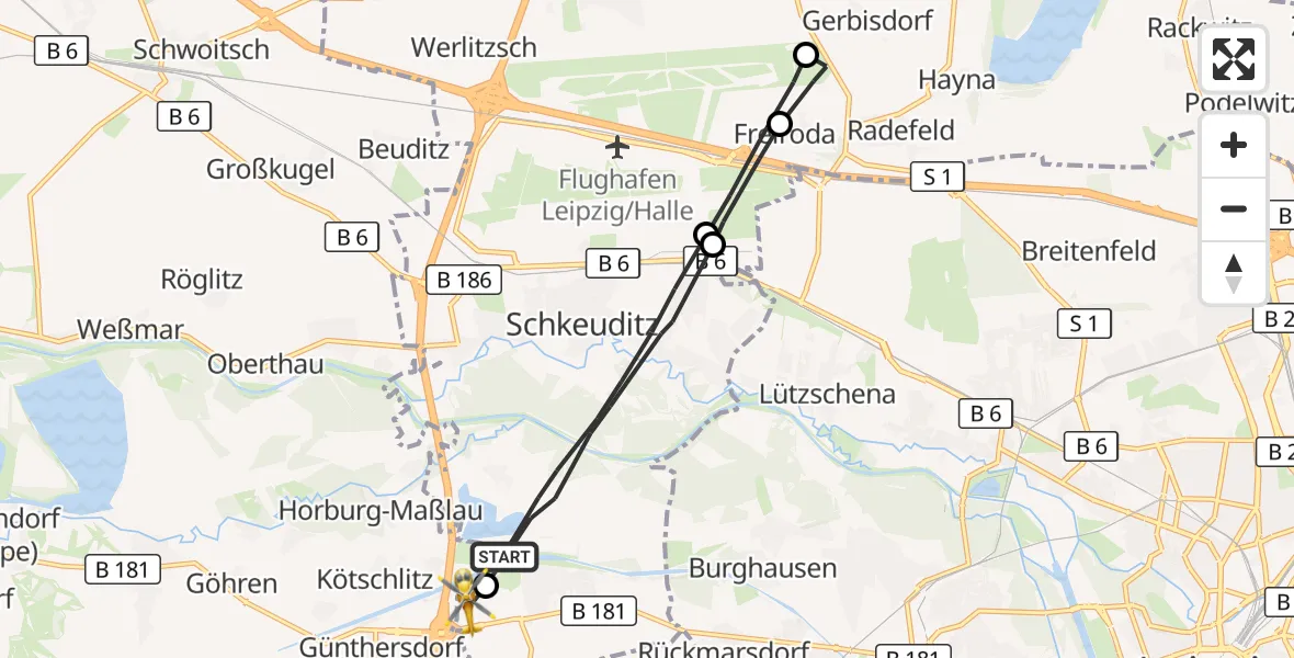 Flugroute Rettungshubschrauber Schkeuditz - ADAC Air Rescue Station Leipzig/Schkeuditz-Dölzig Hubschrauberlandeplatz (Christoph 61), 30 Oktober 2026, 13:20