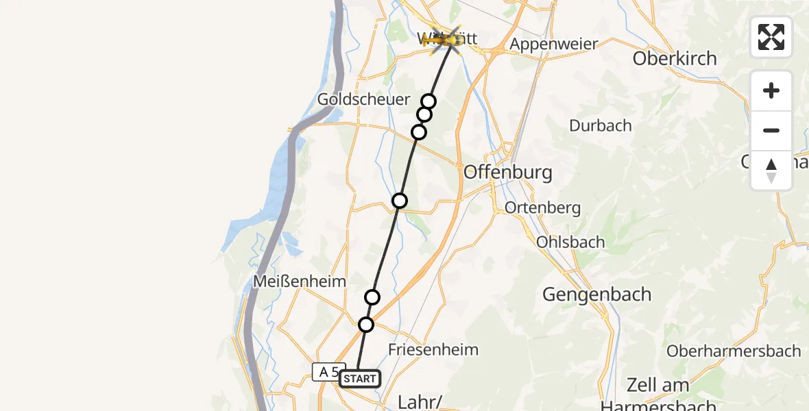 Flugroute Rettungshubschrauber Lahr Flughafen - Willstätt, 30 Oktober 2026, 13:30