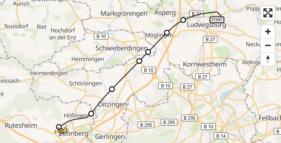 Flugroute Rettungshubschrauber Ludwigsburg - Leonberg Hospital, 30 Oktober 2026, 13:53