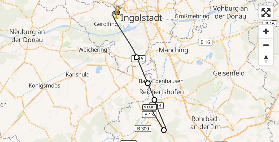 Flugroute Rettungshubschrauber Reichertshofen - Ingolstadt Hospital, 30 Oktober 2026, 14:01