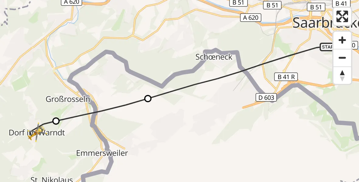 Flugroute Rettungshubschrauber Saarbrücken - Großrosseln, 30 Oktober 2026, 14:08