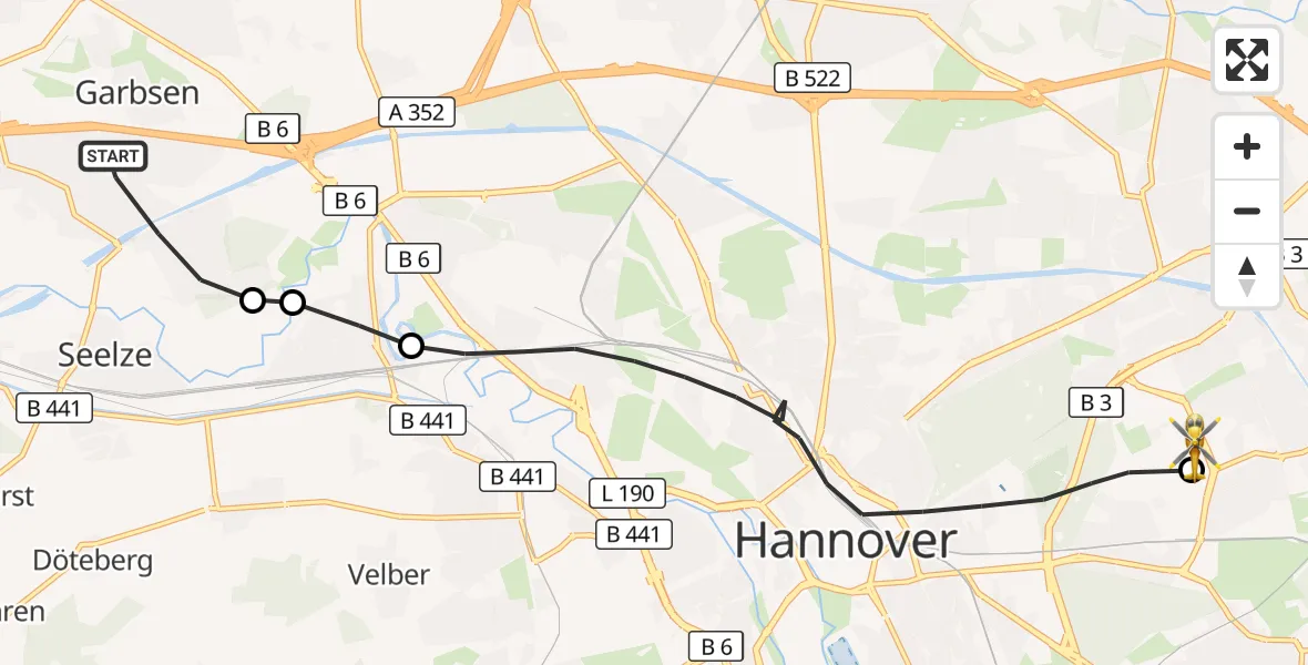 Flugroute Rettungshubschrauber Garbsen - Hannover Luftrettung Hubschrauberlandeplatz (Christoph 4), 30 Oktober 2026, 14:30