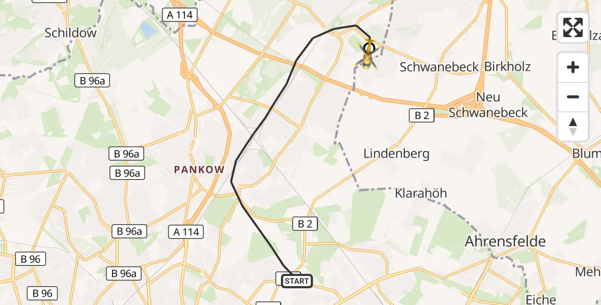 Flugroute Rettungshubschrauber Berlin - Helios Clinic Berlin-Buch, 30 Oktober 2026, 14:40