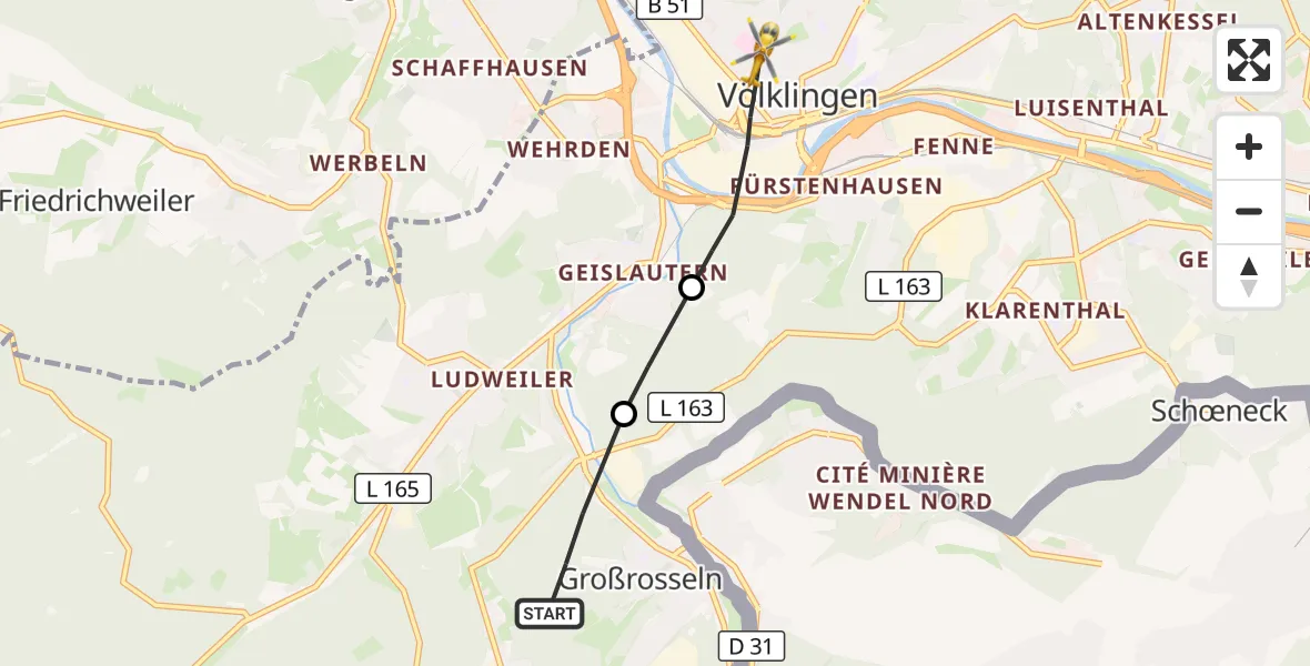 Flugroute Rettungshubschrauber Großrosseln - Völklingen, 30 Oktober 2026, 14:45