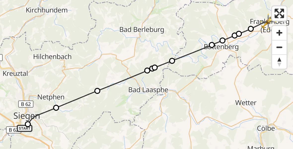Flugroute Rettungshubschrauber Evangelisches Jung-Stilling Hospital - Frankenberg (Eder), 30 Oktober 2026, 14:52