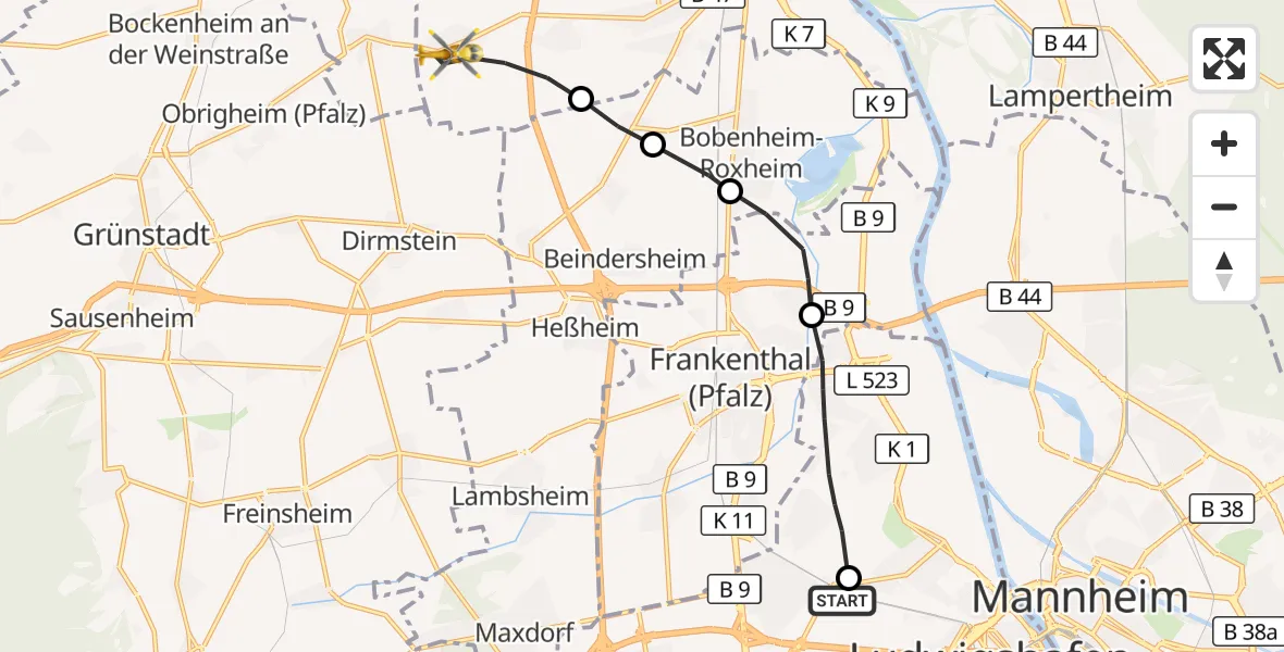 Flugroute Rettungshubschrauber Ludwigshafen Accident Hospital - Worms, 30 Oktober 2026, 14:55