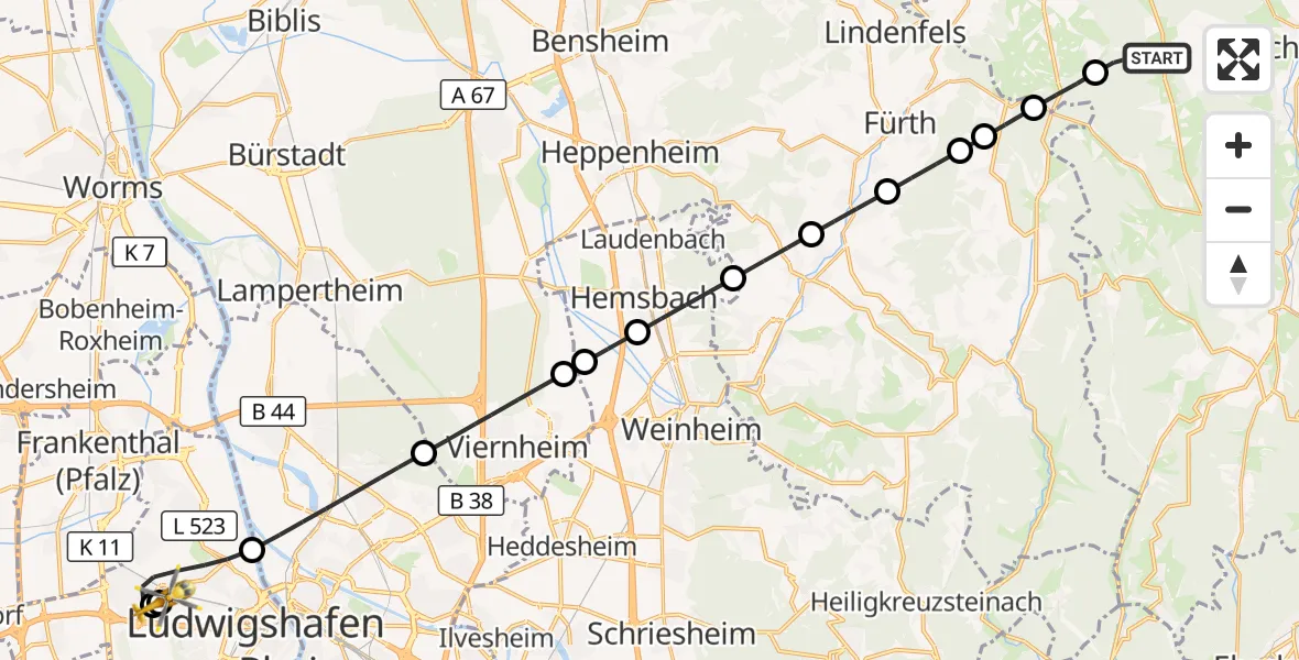 Flugroute Rettungshubschrauber Mossautal - Ludwigshafen Accident Hospital, 30 Oktober 2026, 16:30