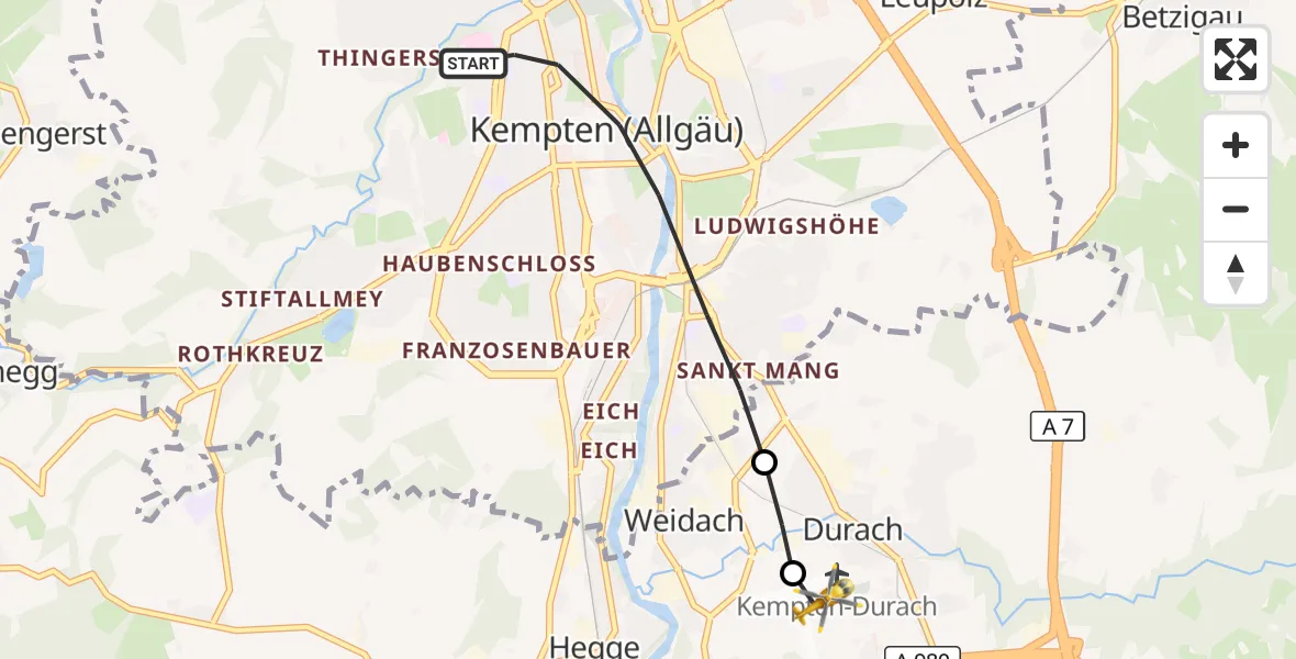 Flugroute Rettungshubschrauber Kempten (Allgäu) - Kempten-Durach Flugplatz, 30 Oktober 2026, 16:37