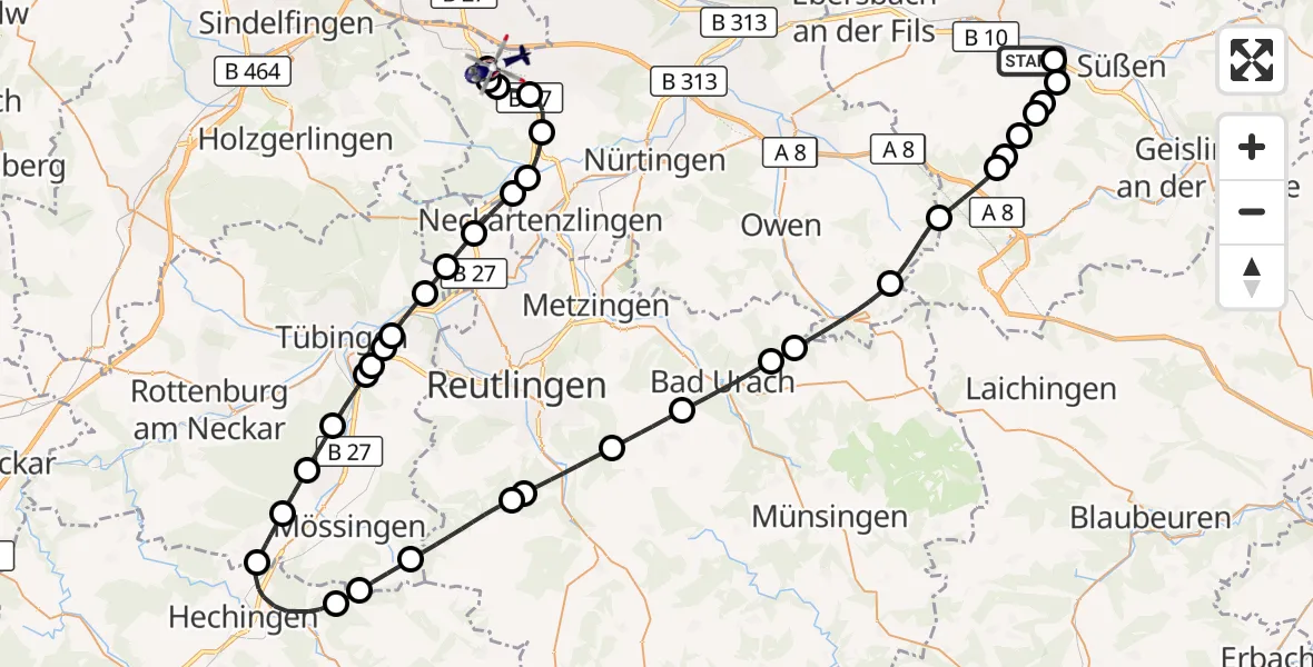 Flugroute Polizeihubschrauber Göppingen - Flughafen Stuttgart, 30 Oktober 2026, 16:59