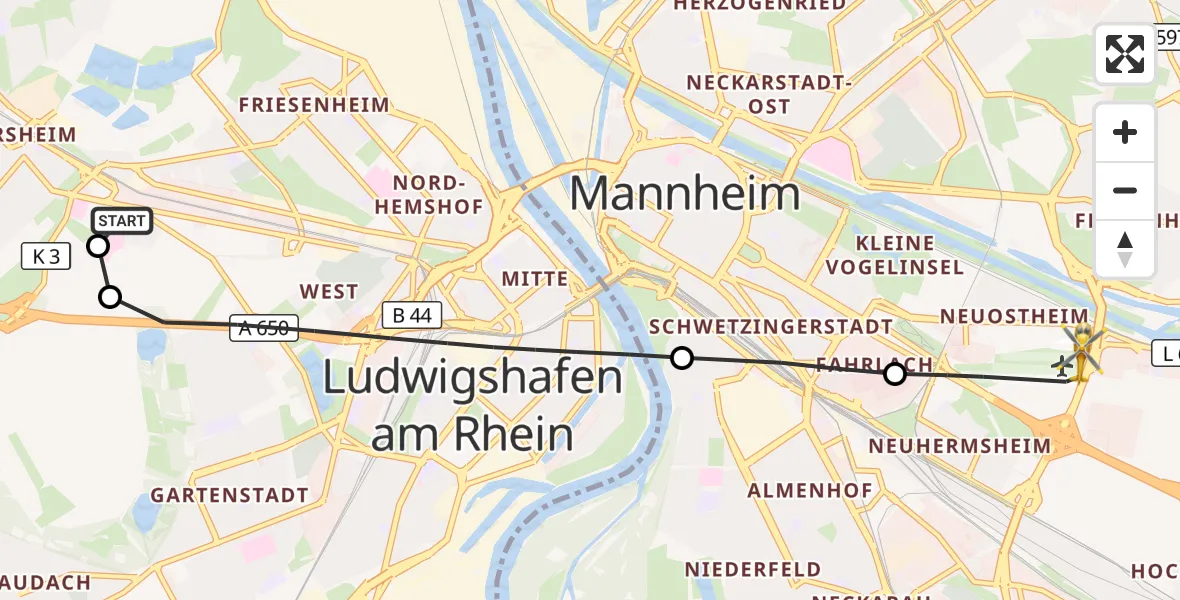 Flugroute Rettungshubschrauber Ludwigshafen Accident Hospital - Mannheim-City Flughafen, 30 Oktober 2026, 17:04