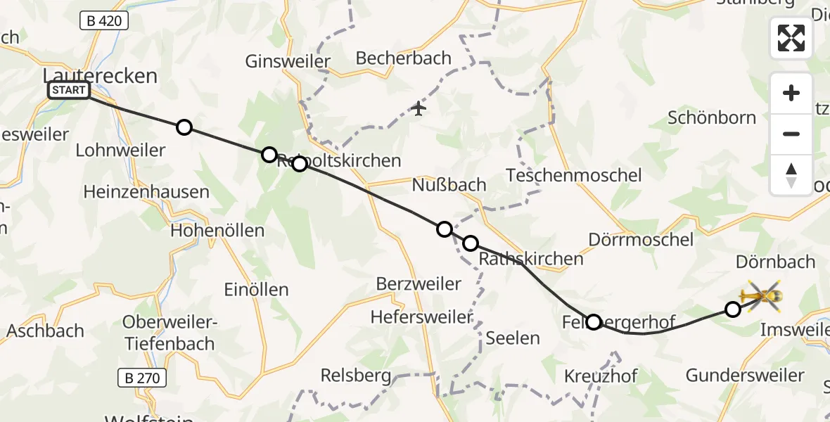 Flugroute Rettungshubschrauber Lauterecken - Rockenhausen, 30 Oktober 2026, 17:07