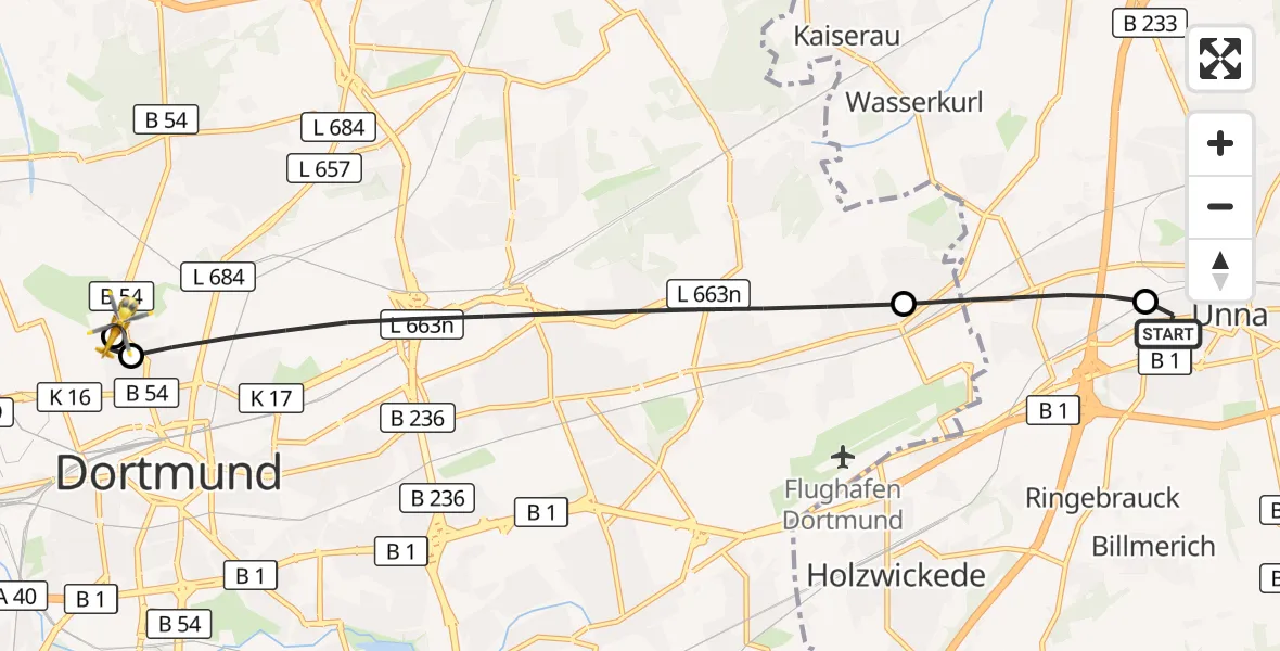 Flugroute Rettungshubschrauber Christian Hospital Unna West - Dortmund Hospital North, 30 Oktober 2026, 17:30