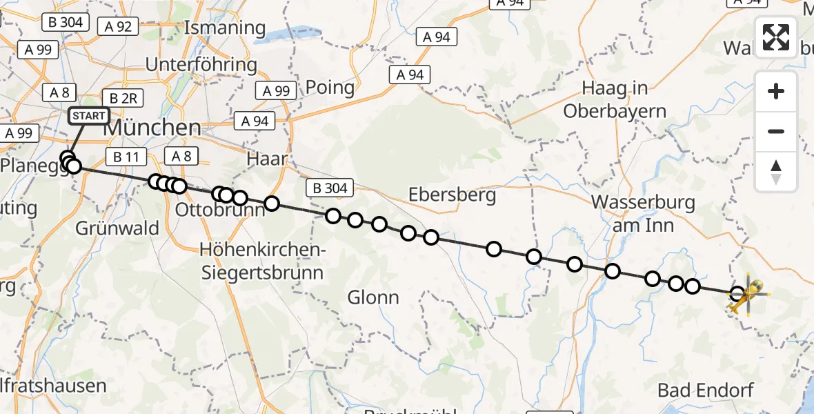 Flugroute Rettungshubschrauber München - Pittenhart, 30 Oktober 2026, 17:34
