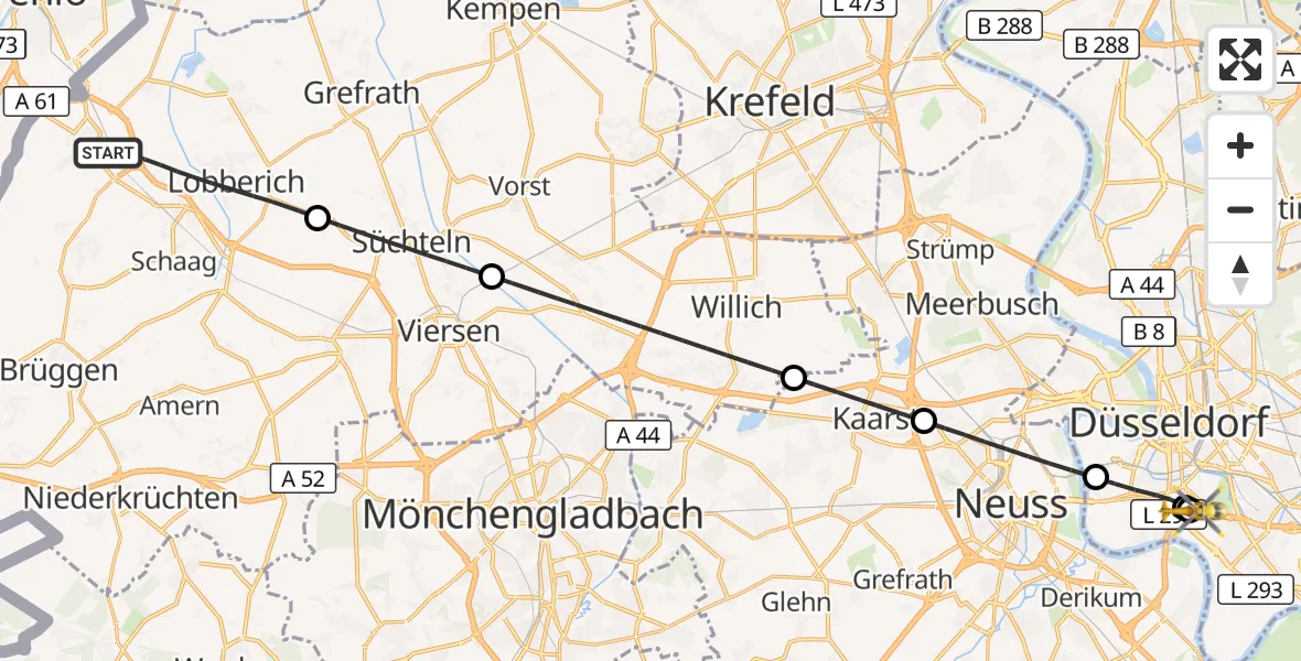 Flugroute Ambulanzhubschrauber Nettetal - Düsseldorf University Hospital, 30 Oktober 2026, 18:00