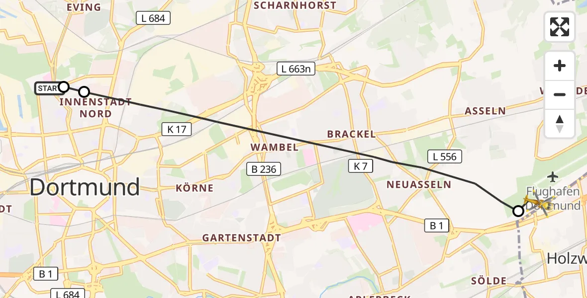 Flugroute Rettungshubschrauber Dortmund Hospital North - Dortmund Flughafen, 30 Oktober 2026, 18:18