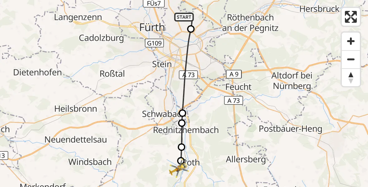 Flugroute Rettungshubschrauber Flughafen Nuremberg - Roth, 30 Oktober 2026, 19:18