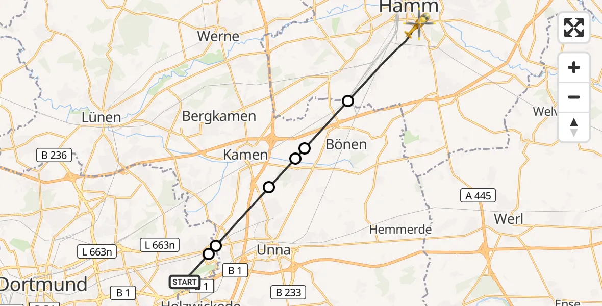 Flugroute Rettungshubschrauber Dortmund Flughafen - Hamm, 30 Oktober 2026, 19:50