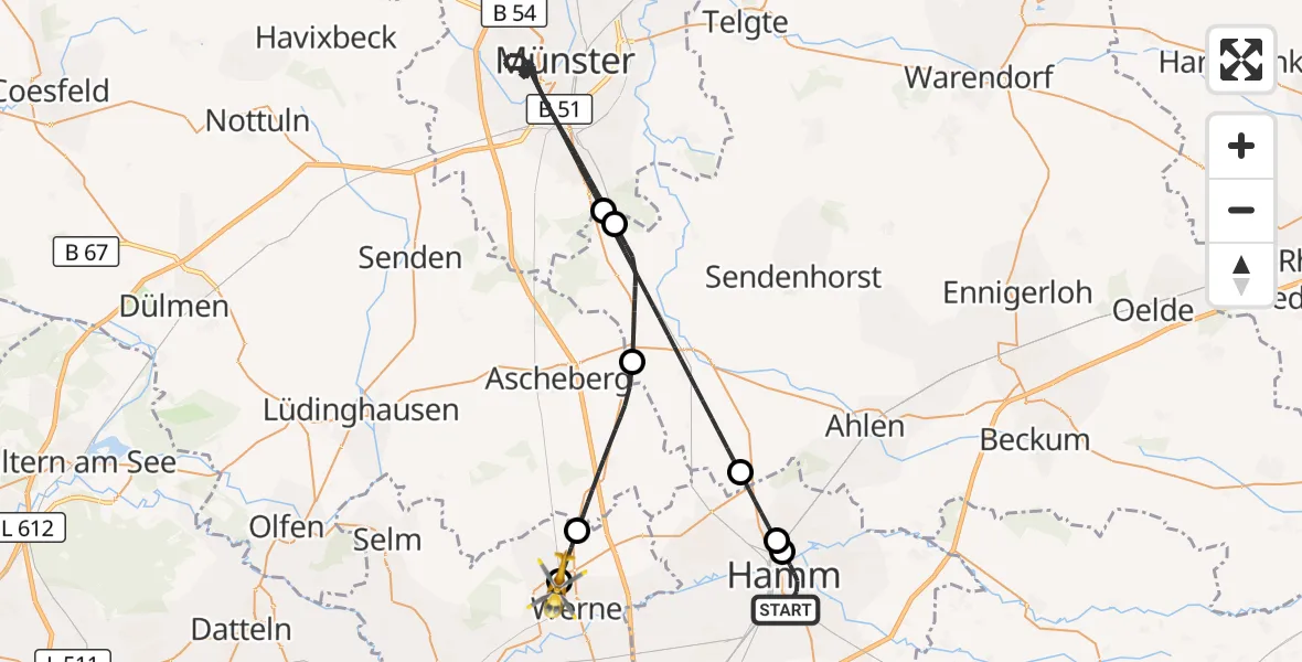 Flugroute Rettungshubschrauber Hamm - Sankt Christophorus Hospital, 30 Oktober 2026, 20:33