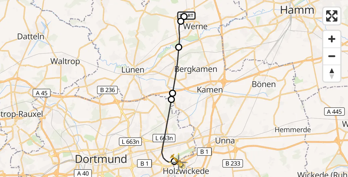 Flugroute Rettungshubschrauber Sankt Christophorus Hospital - Dortmund Flughafen, 30 Oktober 2026, 21:23