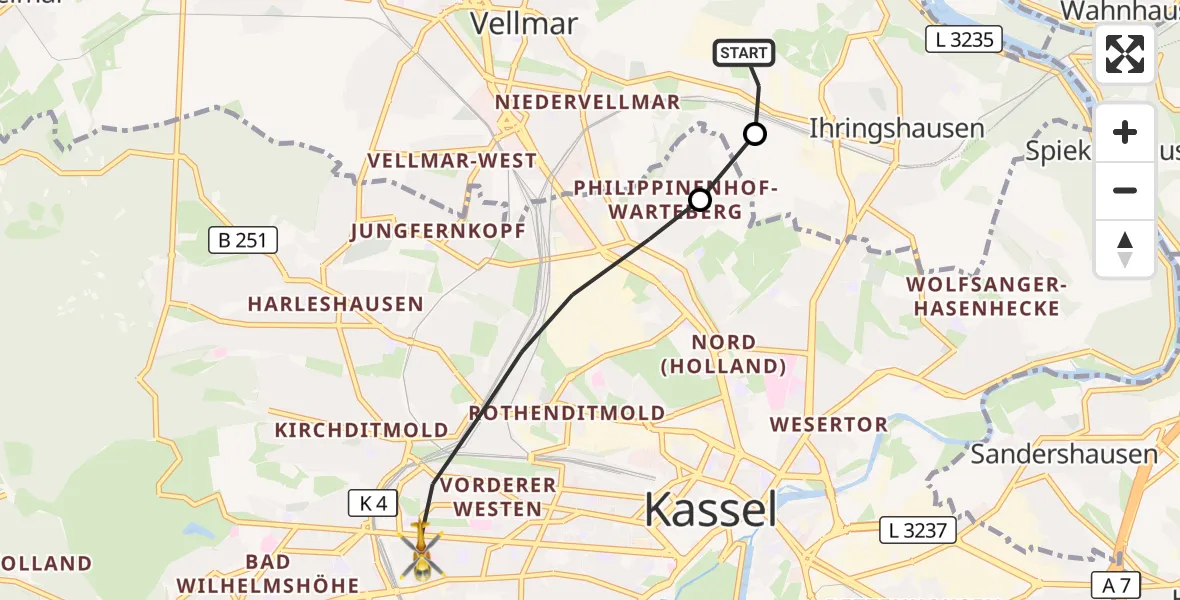 Flugroute Rettungshubschrauber Fuldatal Bundespolizei Hubschrauberlandeplatz - Kassel, 31 Oktober 2026, 06:05