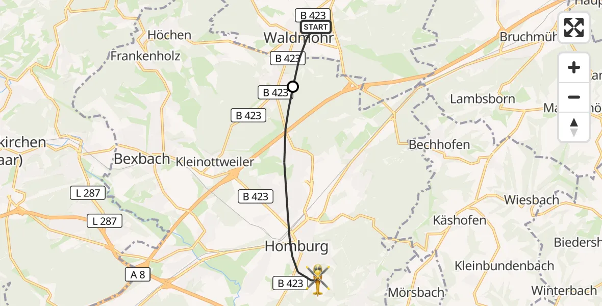 Flugroute Rettungshubschrauber Waldmohr - Homburg, 31 Oktober 2026, 07:15