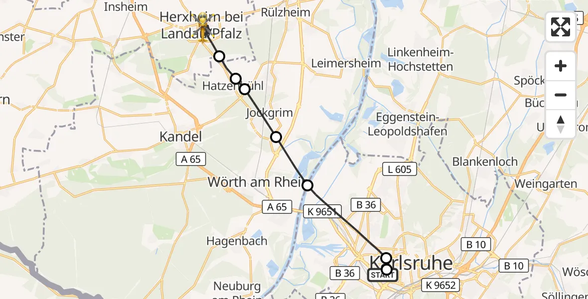 Flugroute Ambulanzhubschrauber Sankt Vincentius Hospital - Herxheim bei Landau/Pfalz, 31 Oktober 2026, 07:48