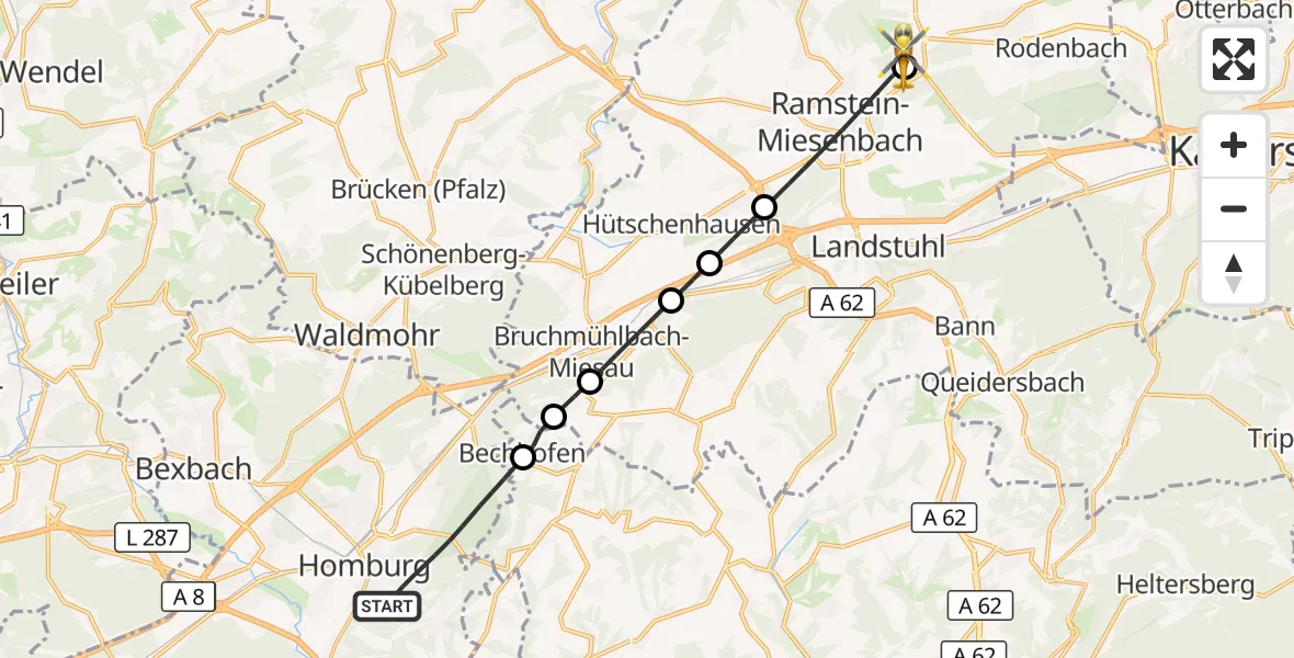 Flugroute Rettungshubschrauber Homburg - Mackenbach, 31 Oktober 2026, 07:58