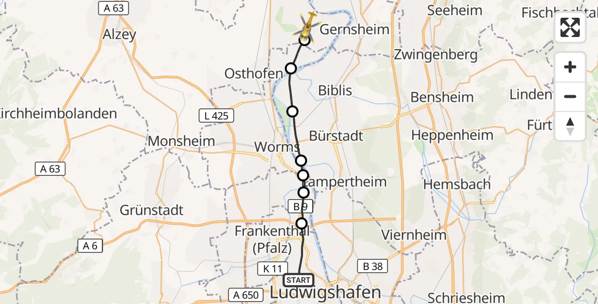 Flugroute Rettungshubschrauber Ludwigshafen am Rhein - Eich, 31 Oktober 2026, 07:58