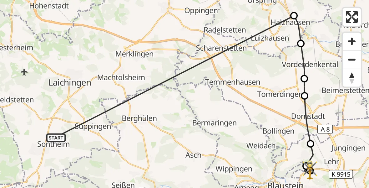 Flugroute Rettungshubschrauber Heroldstatt - ADAC Air Rescue Station Ulm (Christoph 22), 31 Oktober 2026, 08:09