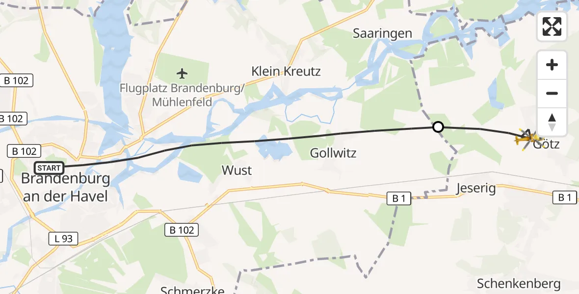 Flugroute Rettungshubschrauber Brandenburg an der Havel - Groß Kreutz (Havel), 31 Oktober 2026, 08:16