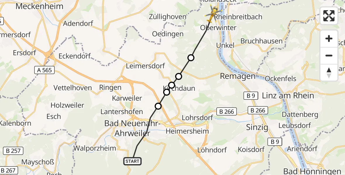 Flugroute Ambulanzhubschrauber Bad Neuenahr-Ahrweiler - Remagen, 31 Oktober 2026, 08:20