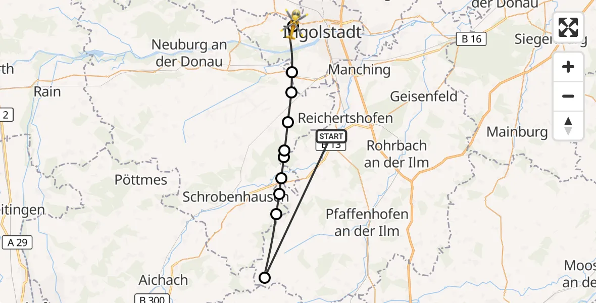 Flugroute Rettungshubschrauber Reichertshofen - Ingolstadt Hospital, 31 Oktober 2026, 08:22