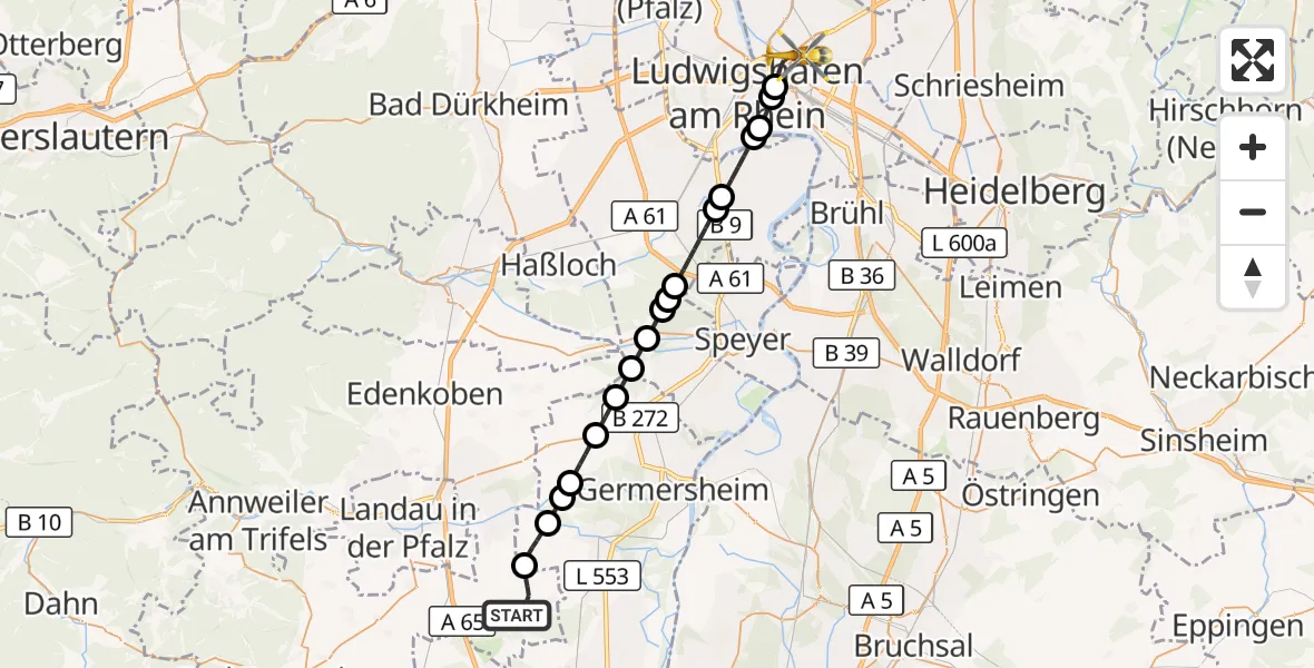 Flugroute Ambulanzhubschrauber Herxheim bei Landau/Pfalz - Mannheim, 31 Oktober 2026, 08:26