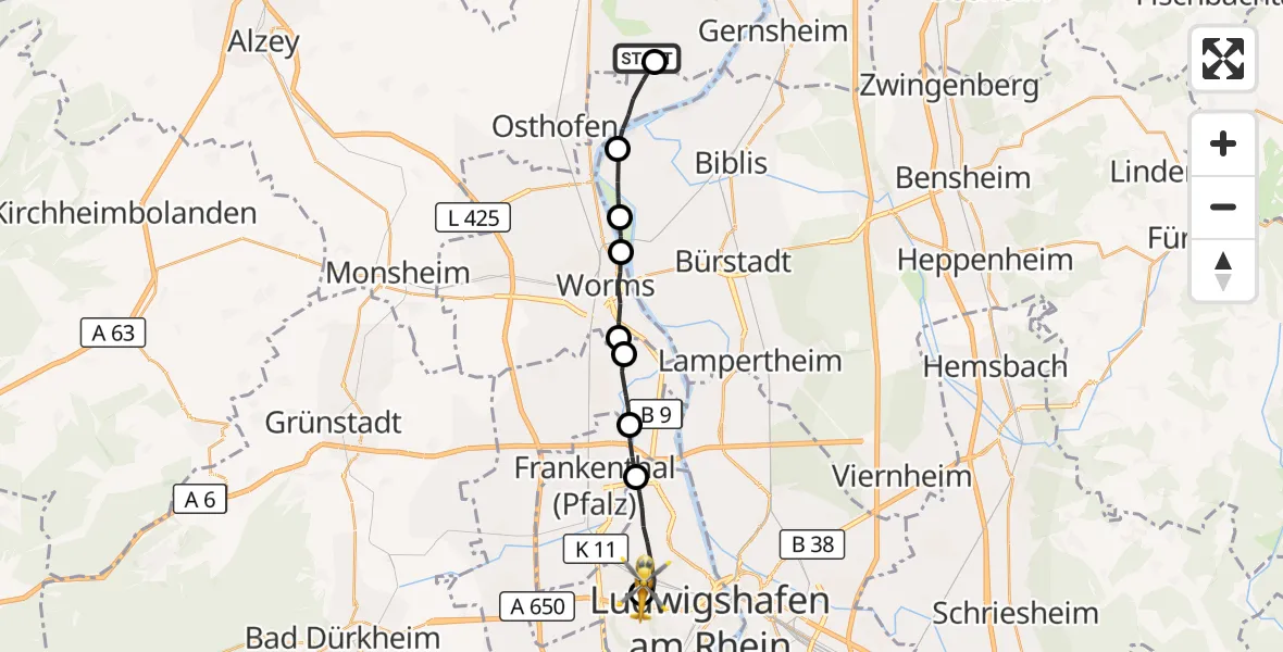 Flugroute Rettungshubschrauber Eich - Ludwigshafen Accident Hospital, 31 Oktober 2026, 08:36