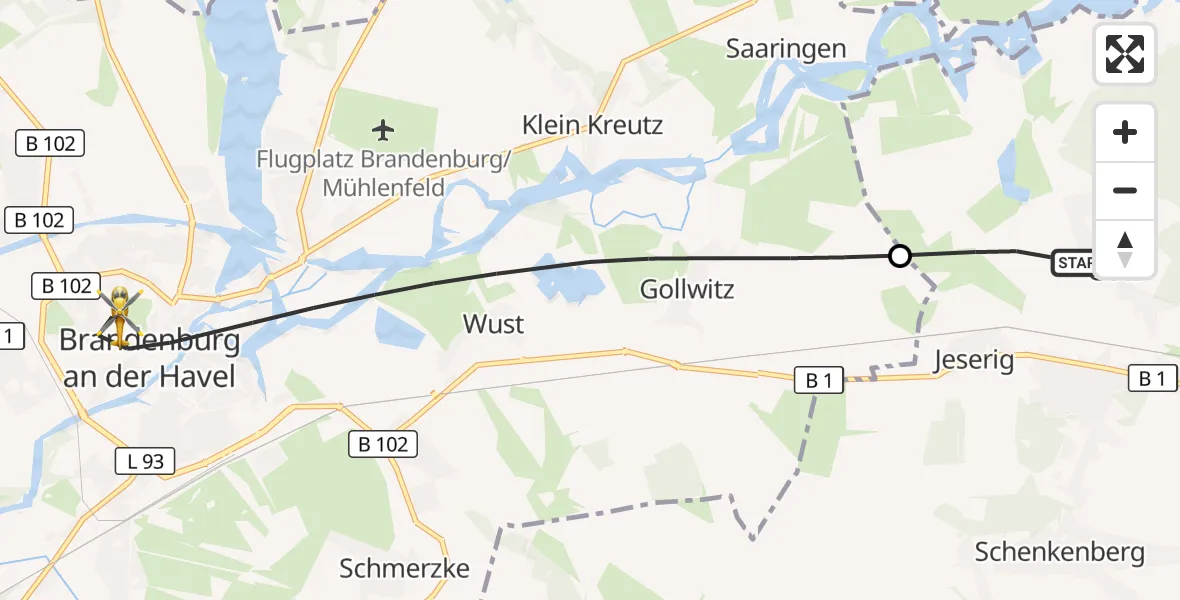 Flugroute Rettungshubschrauber Groß Kreutz (Havel) - Brandenburg an der Havel, 31 Oktober 2026, 08:43