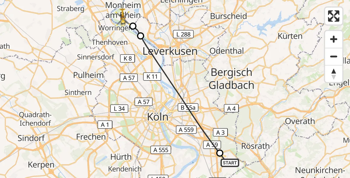 Flugroute Rettungshubschrauber Köln Bonn Flughafen - Monheim am Rhein, 31 Oktober 2026, 09:16