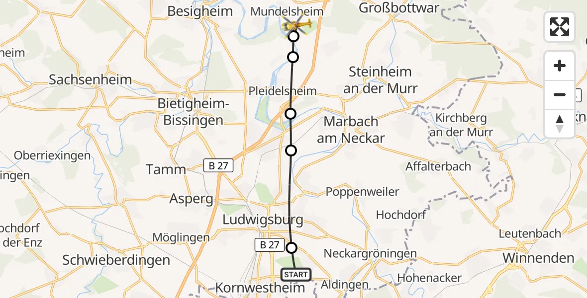 Flugroute Rettungshubschrauber Kornwestheim - Mundelsheim, 31 Oktober 2026, 09:21