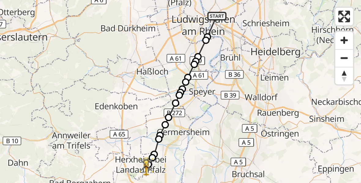 Flugroute Ambulanzhubschrauber Mannheim - Herxheim bei Landau/Pfalz, 31 Oktober 2026, 09:22
