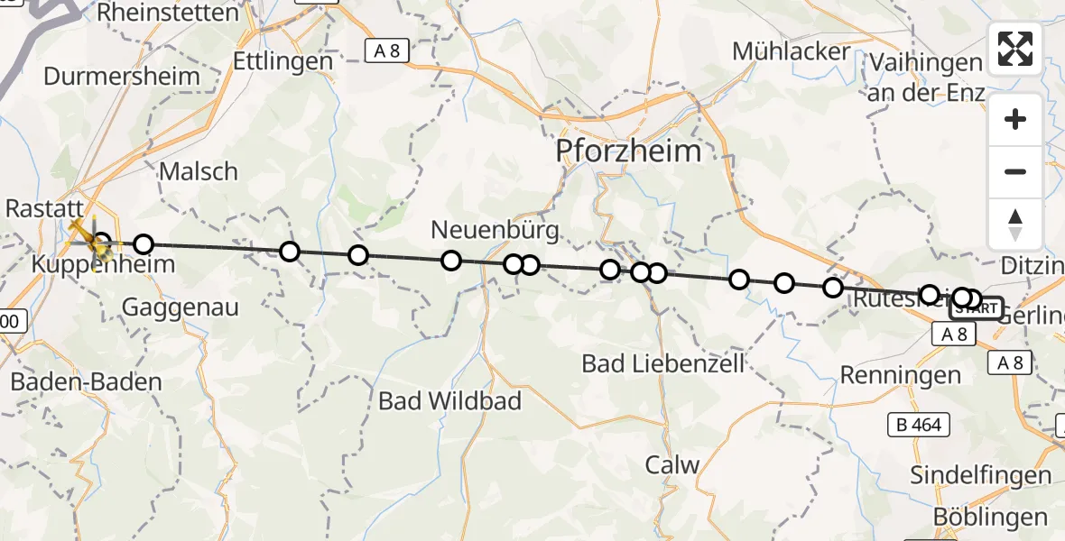 Flugroute Rettungshubschrauber Leonberg Hospital - Kuppenheim, 31 Oktober 2026, 09:33