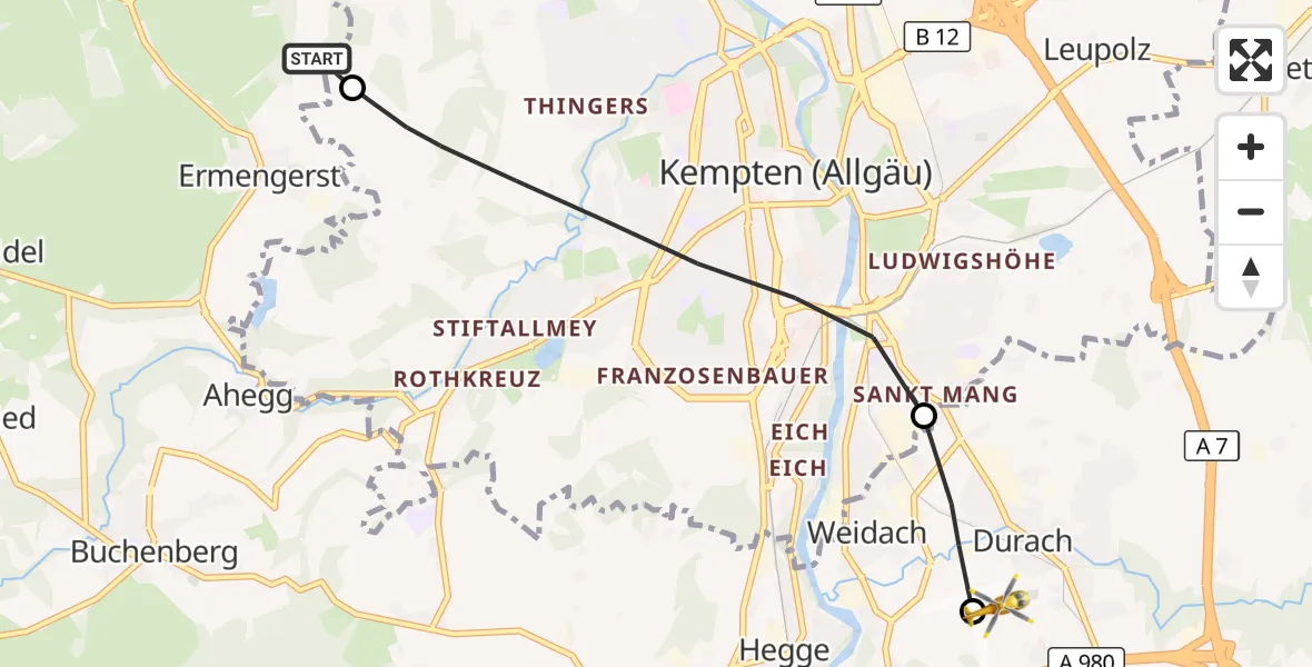 Flugroute Rettungshubschrauber Wiggensbach - Kempten-Durach Flugplatz, 31 Oktober 2026, 09:33