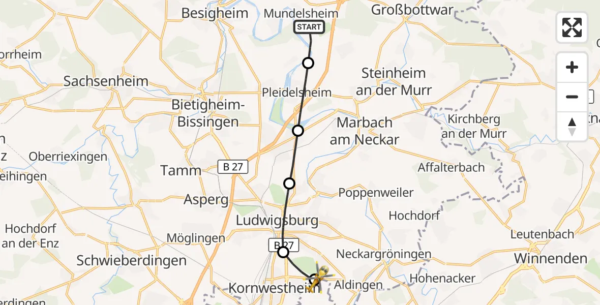 Flugroute Rettungshubschrauber Mundelsheim - Pattonville Flugplatz, 31 Oktober 2026, 09:45