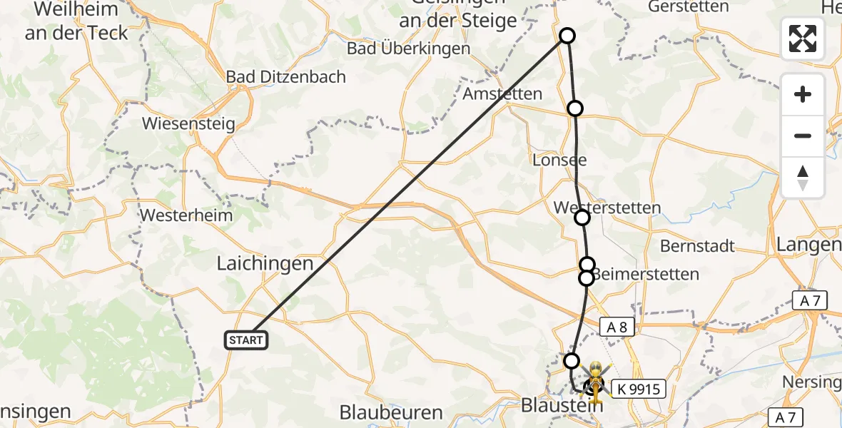 Flugroute Rettungshubschrauber Heroldstatt - ADAC Air Rescue Station Ulm (Christoph 22), 31 Oktober 2026, 10:10