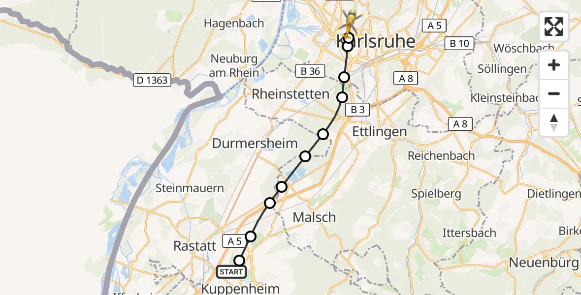 Flugroute Rettungshubschrauber Kuppenheim - Karlsruhe, 31 Oktober 2026, 10:15