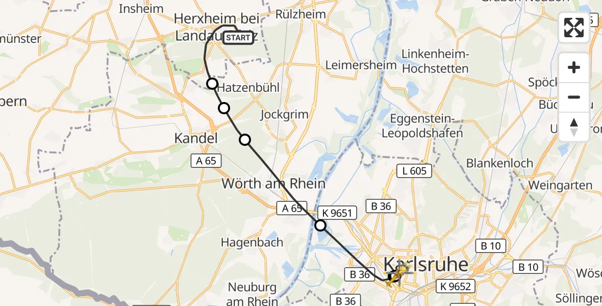 Flugroute Ambulanzhubschrauber Herxheim bei Landau/Pfalz - Sankt Vincentius Hospital, 31 Oktober 2026, 10:18