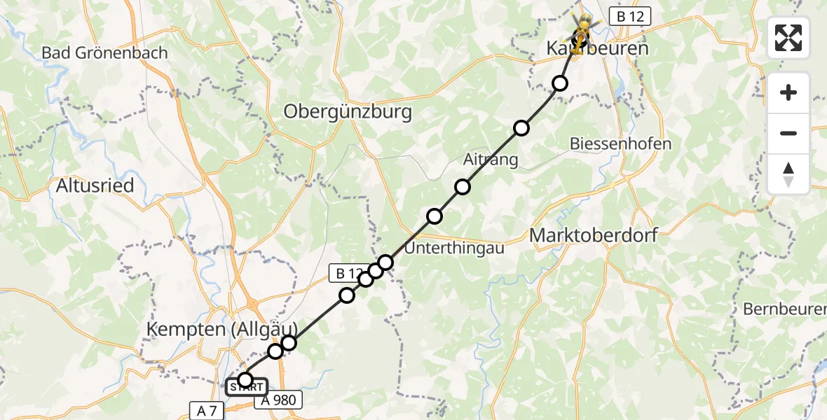 Flugroute Rettungshubschrauber Kempten-Durach Flugplatz - Ostallgäu-Kaufbeuren Hospital, 31 Oktober 2026, 10:23