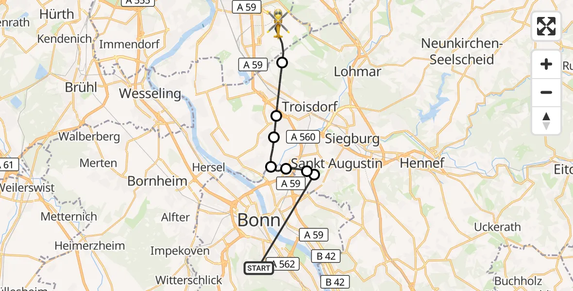 Flugroute Ambulanzhubschrauber Bonn University Hospital - Köln Bonn Flughafen, 31 Oktober 2026, 10:23